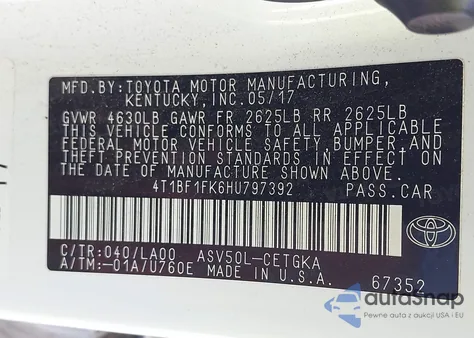 2017 Toyota Camry Xle from USA, damaged, VIN 4T1BF1FK6HU797392